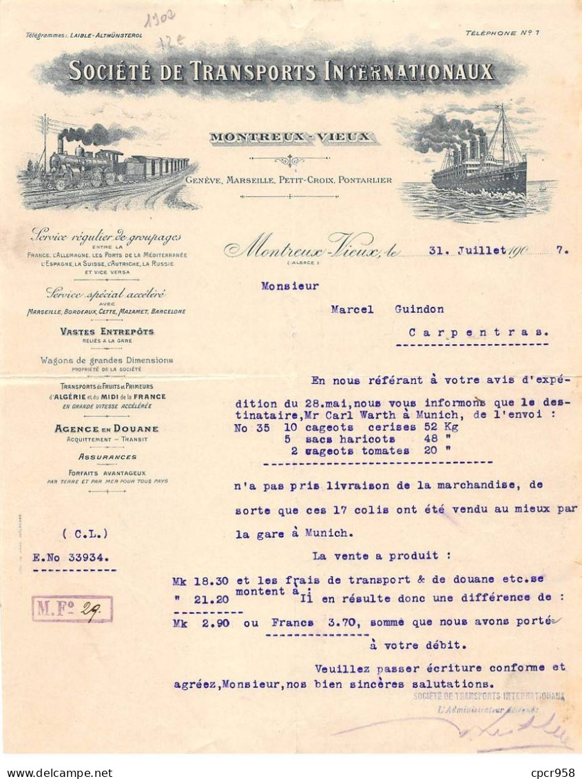 Facture.AM20039.Montreux Vieux.1907.Société De Transports Internationaux - Svizzera