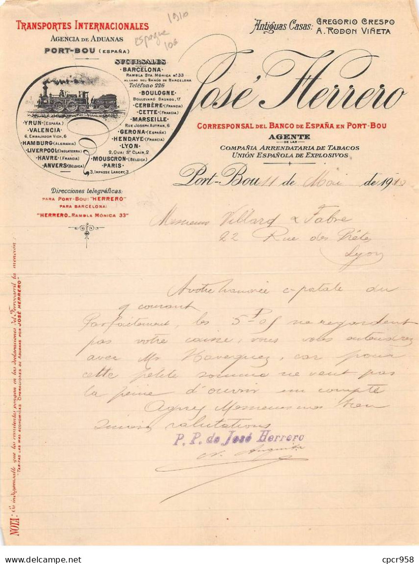 Facture.AM20032.Espagne.Port Bou.1910.José Herrero.Transports Internationales - España