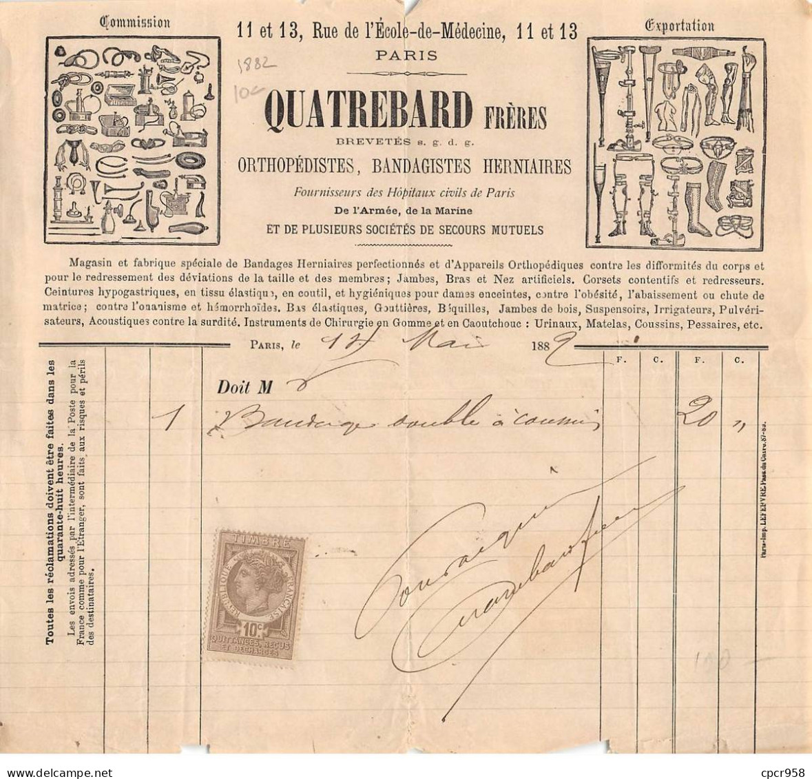 Facture.AM20363.Paris.1882.JQuatrebard Frères.Orthopédistes.Bandagistes.Herniaires - 1800 – 1899