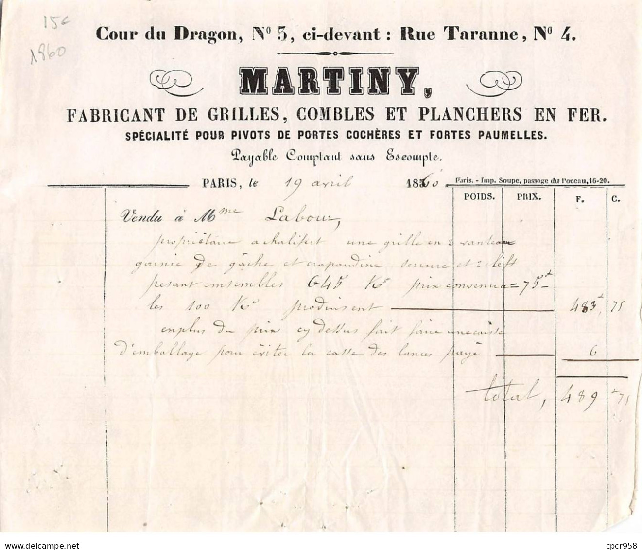 Facture.AM20375.Paris.1860.Martiny.Grille.Comble.Plancher En Fer - 1800 – 1899