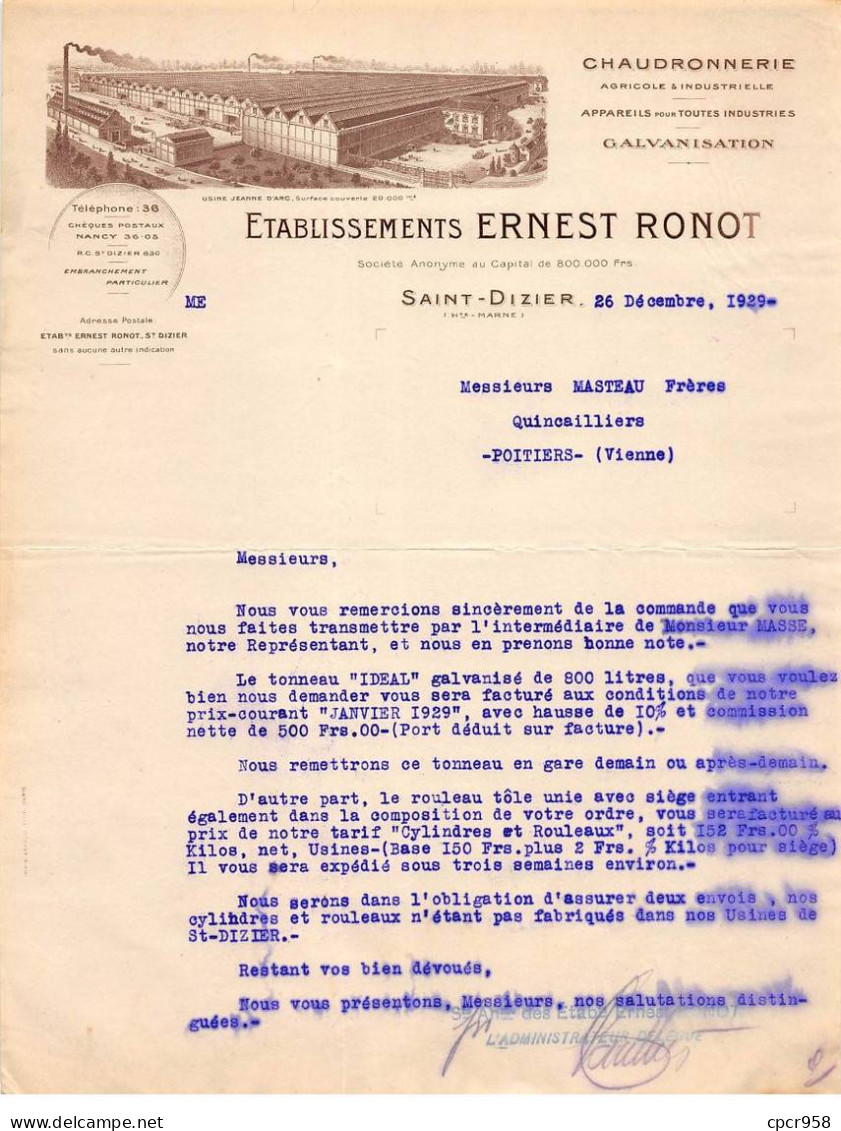 Facture.AM20028.Saint Dizier.1929.Ernest Ronot.Chaudronnerie.Galvanisation - 1900 – 1949