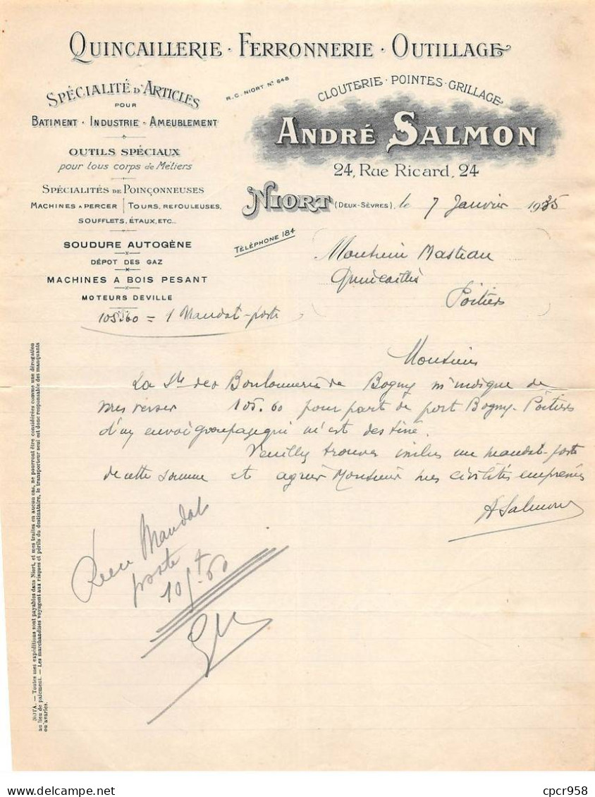 Facture.AM20029.Niort.1935.André Salmon.Quincaillerie.Ferronnerie.Outillage.Poinçonneuse.Soudure Autogène - 1900 – 1949