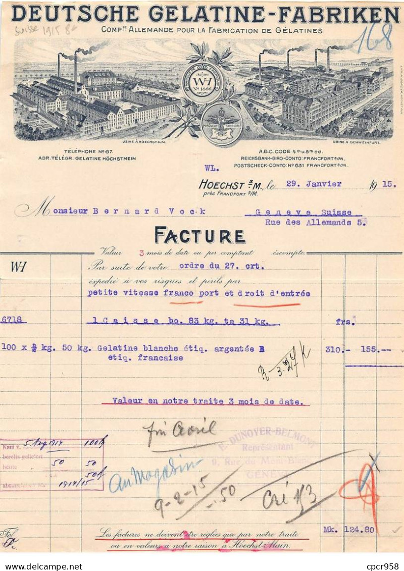 Facture.AM20128.Suisse.1915.Hoechst.Deutsche Gelatine Fabriken.Gélatine - Svizzera
