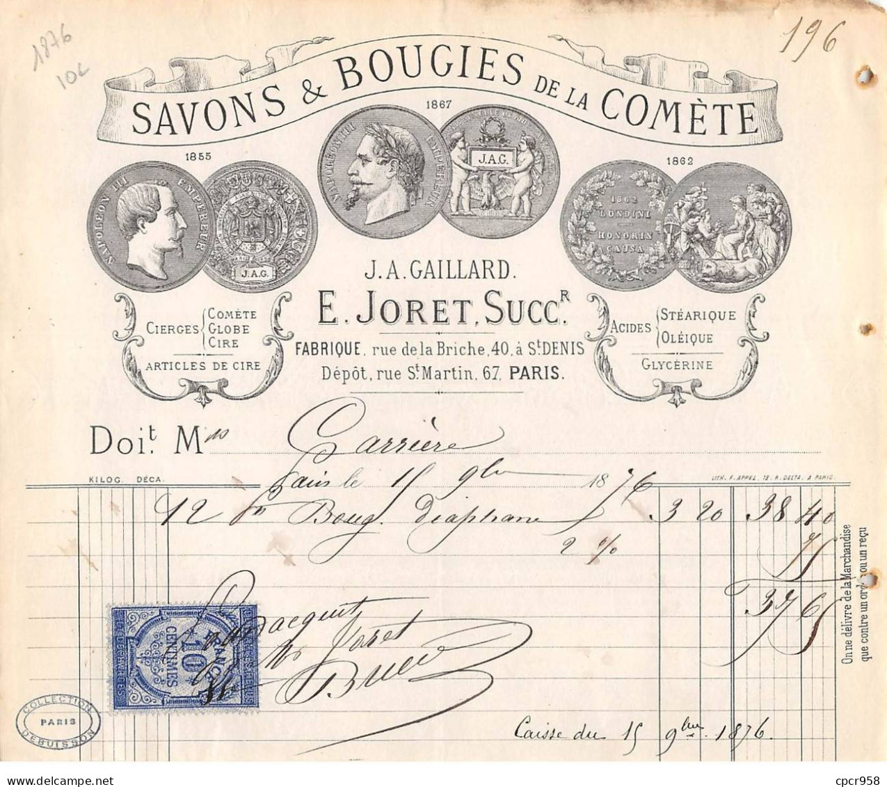 Facture.AM20357.Paris.1876.JA Gaillard.E Joret.Savon.Bougiede La Comète.Cierge - 1800 – 1899