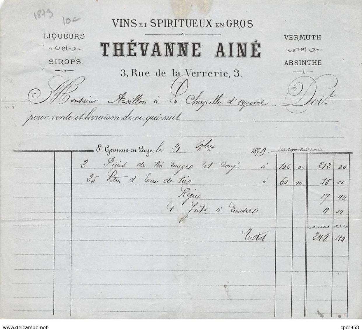 Facture.AM20368.La Chapelle D'orgeval.1879.Thévanne Ainé.Vins.SpiritueuxVermuth.Absinthe.Liqueur.Sirop - 1800 – 1899