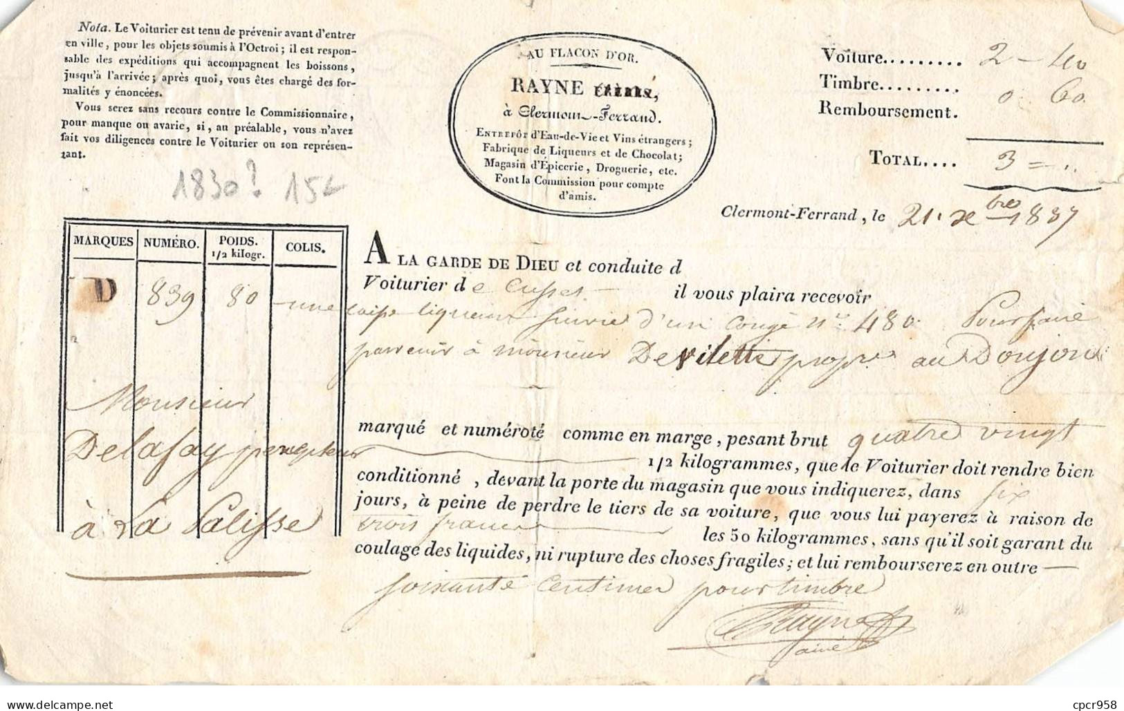 Facture.AM20353.Clermond Ferrand.1830.Au Flacon D'or.Rayne.Voiturier - 1800 – 1899