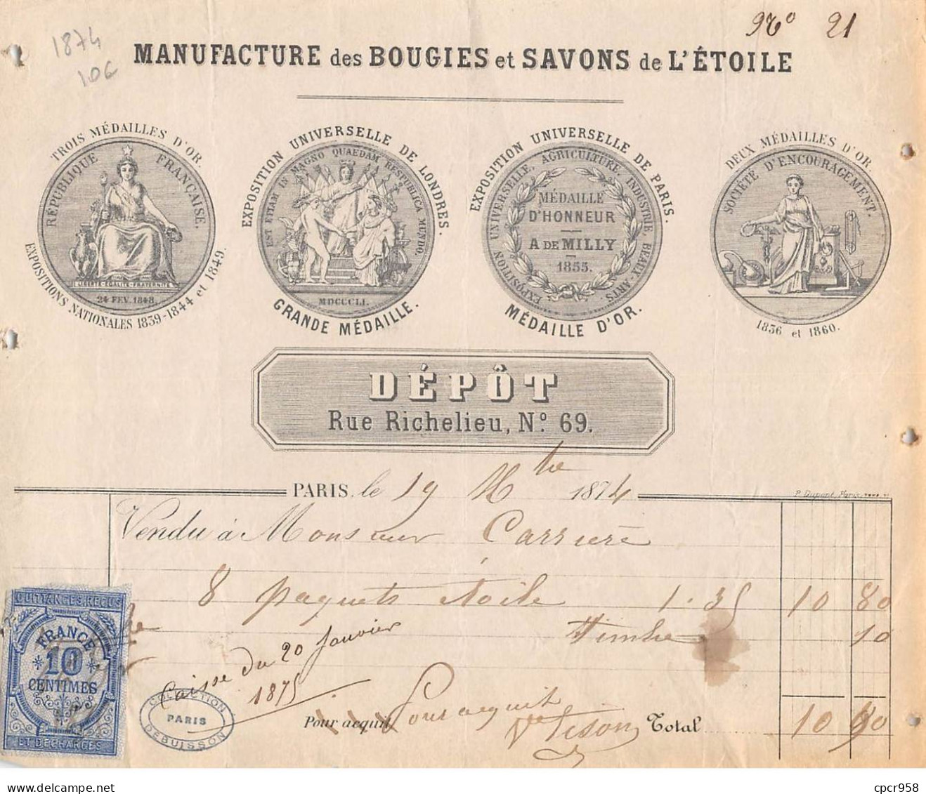 Facture.AM20358.Paris.1874.Manufacture Des Bougies Et Savons De L'Etoile - 1800 – 1899