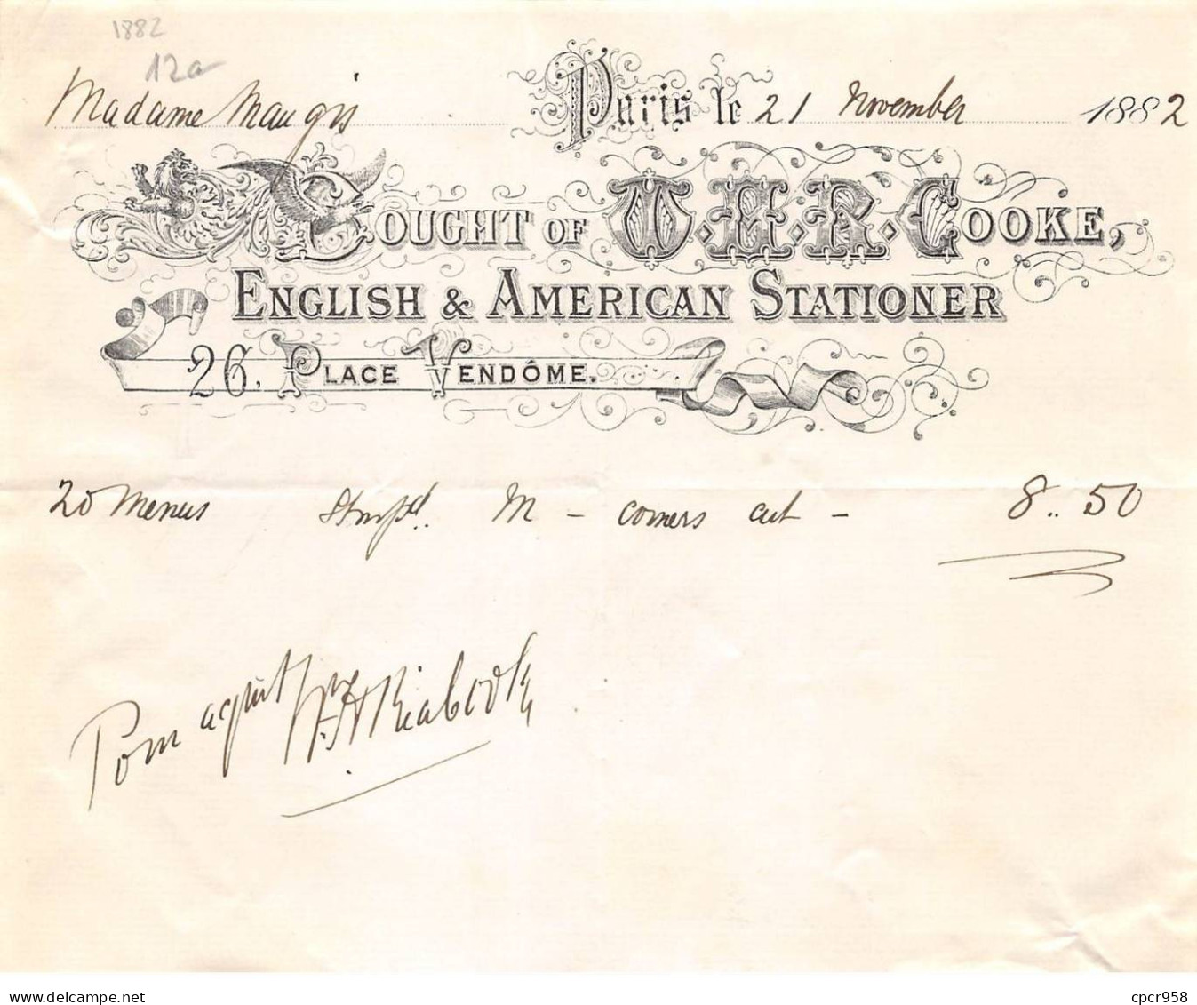 Facture.AM20370.Paris.1882.English & American Stationer.Lought Of ?HR Cooke - 1800 – 1899