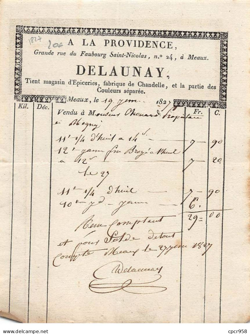 Facture.AM20354.Meaux.1827.A La Providence.Delaunay.Epicerie.Chandelle.couleur - 1800 – 1899