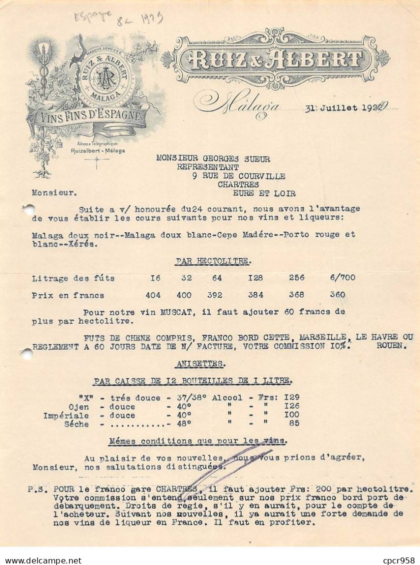Facture.AM20104.Espagne.Malaga.1929.Ruiz & Albert.Vins Fins D'Espagne - Spanje