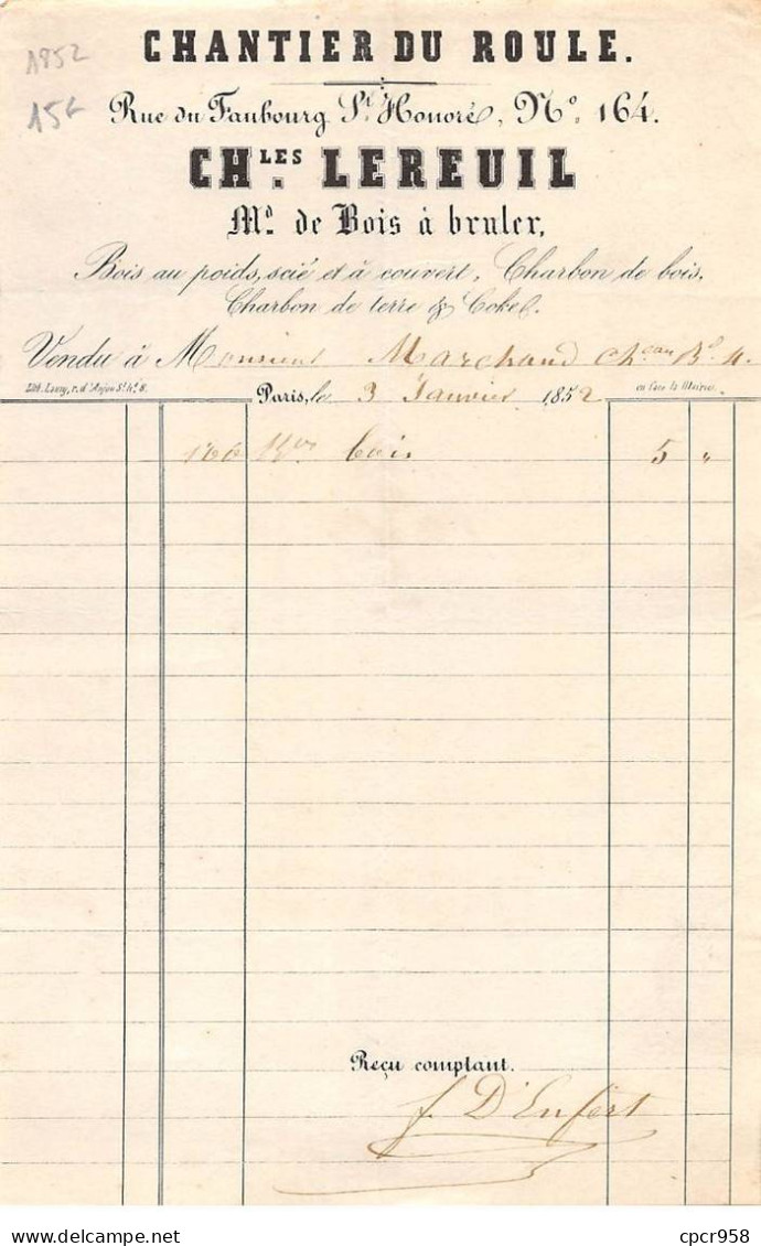 Facture.AM20342.Paris.1852.Charles Lereuil.Chantier Du Roule.Bois à Bruler - 1800 – 1899