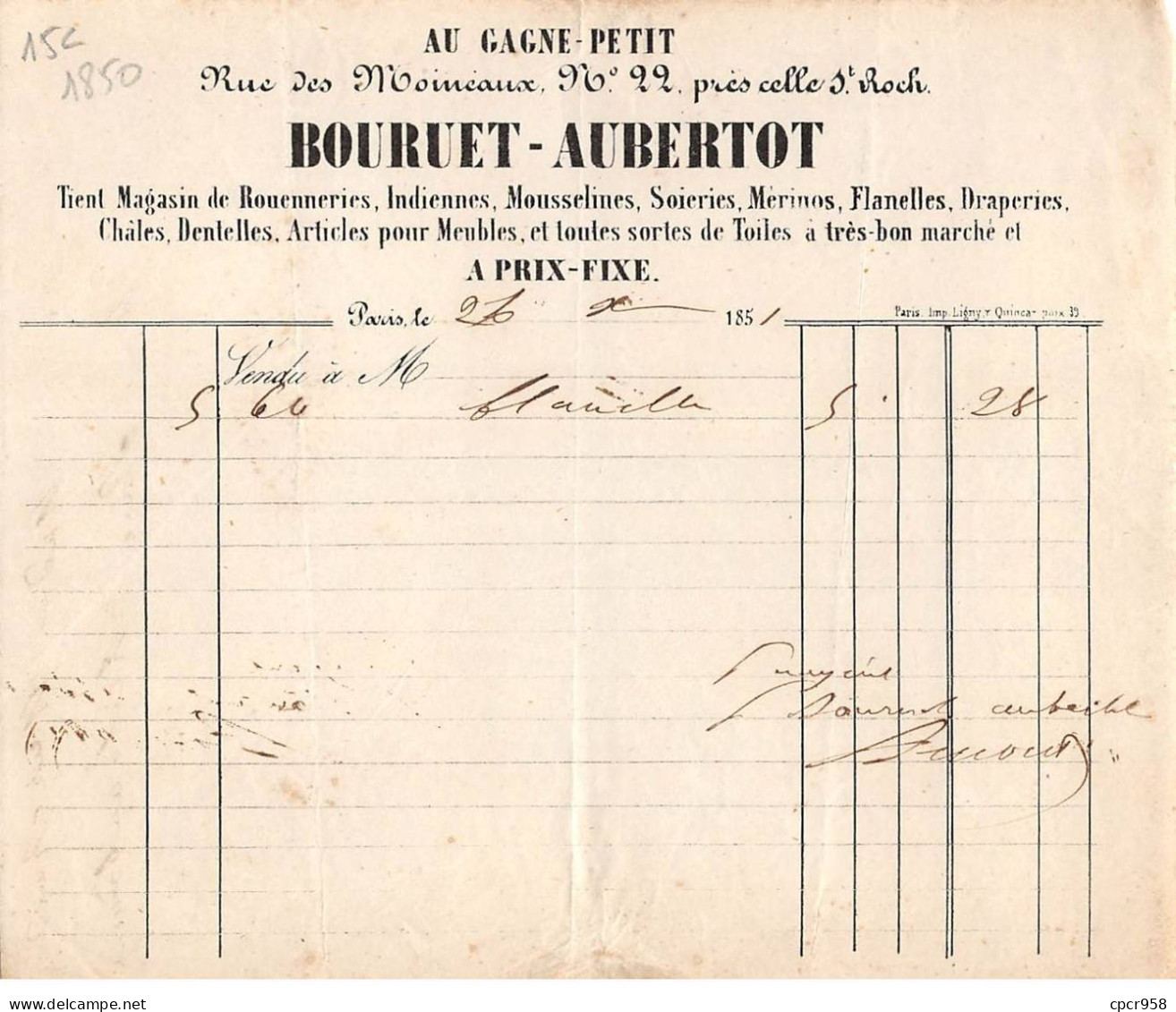 Facture.AM20340.Paris.1852.Bouruet-Aubertot.Au Gagne Petit.Mousseline.Soierie.Merinos.Flannelle.Draperie.Chale.Dentelle - 1800 – 1899