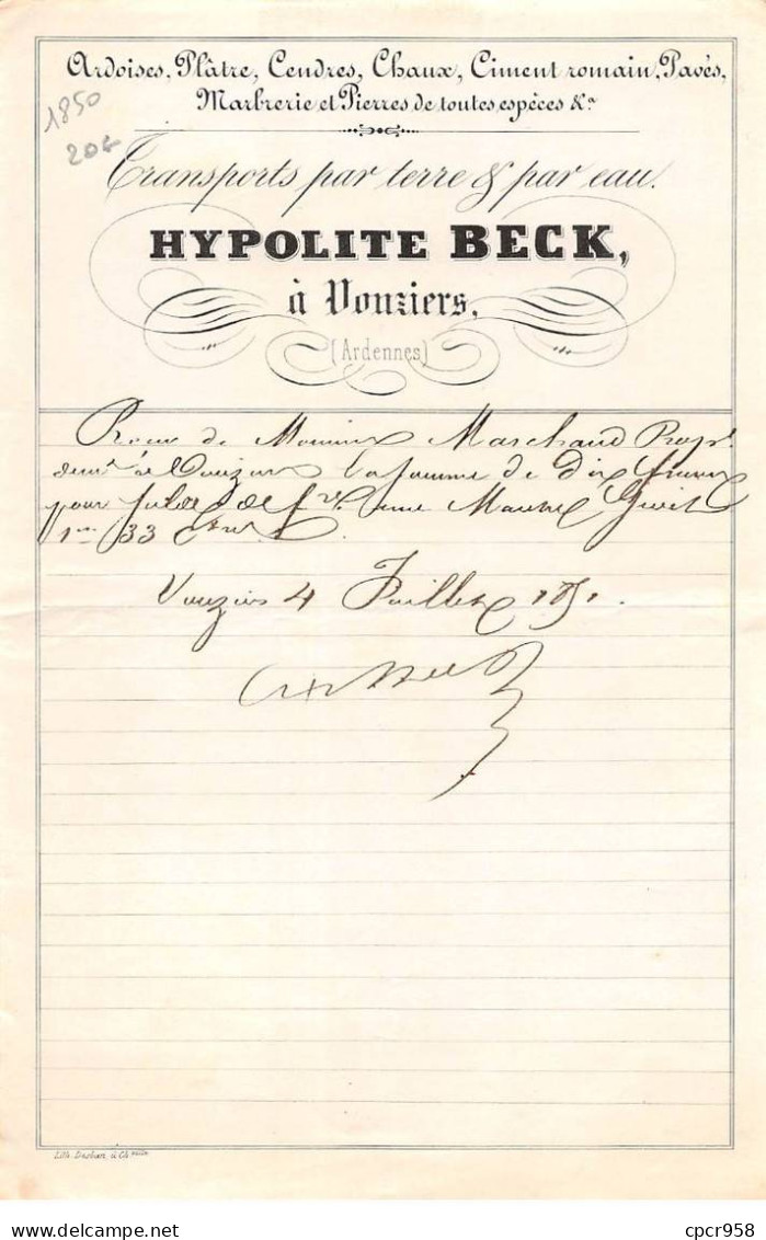 Facture.AM20332.Vouziers.1850.Hypolite Beck.Transport.Ardoise.Platre.Cendre.Chaux.Ciment.Pavé.Marbrerie.Pierre - 1800 – 1899