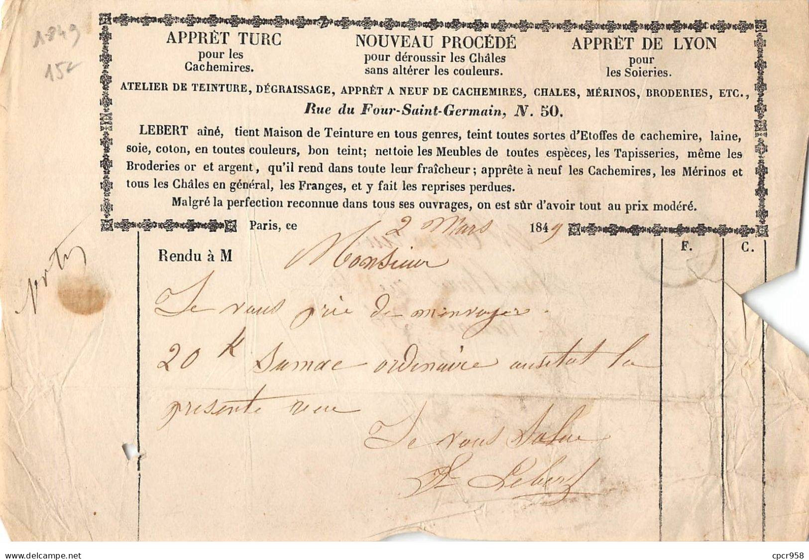 Facture.AM20344.Paris.1849.Lebert.Maison De Teinture.Etoffe.Tapisserie - 1800 – 1899