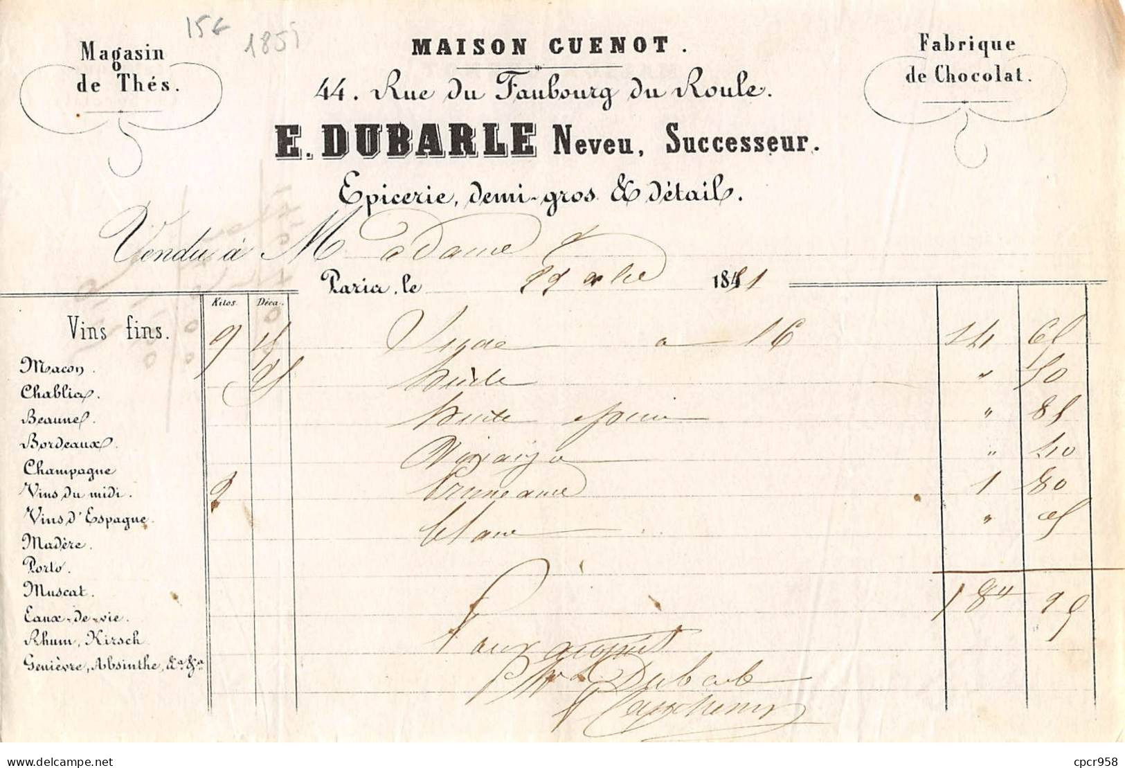 Facture.AM20338.Paris.1851.E Dubarle Neveu.Maison Guenot.Epicerie.Chocolat.Thé - 1800 – 1899