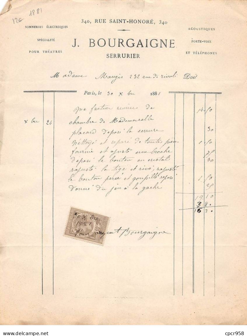 Facture.AM20201.Paris.1881.J Bourgaigne.Sonnerie électrique.Acoustique.Porte Voix.Téléphone - 1800 – 1899