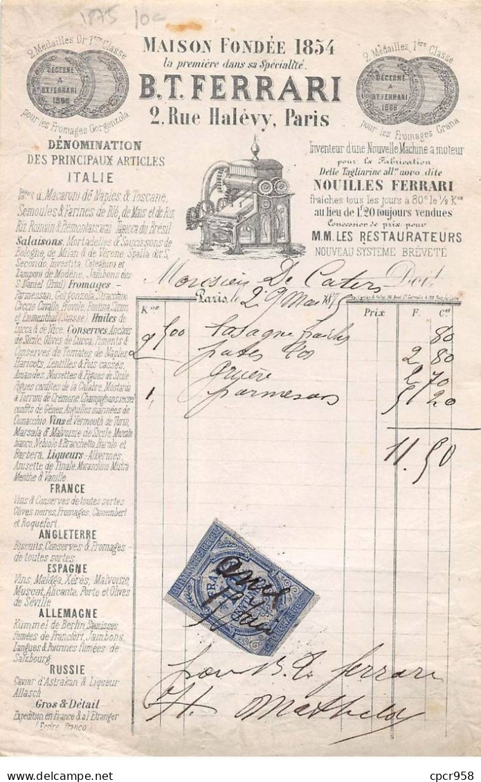 Facture.AM20329.Paris.1875.BT Ferrari.Nouille Ferrari.Articles D'italie - 1800 – 1899