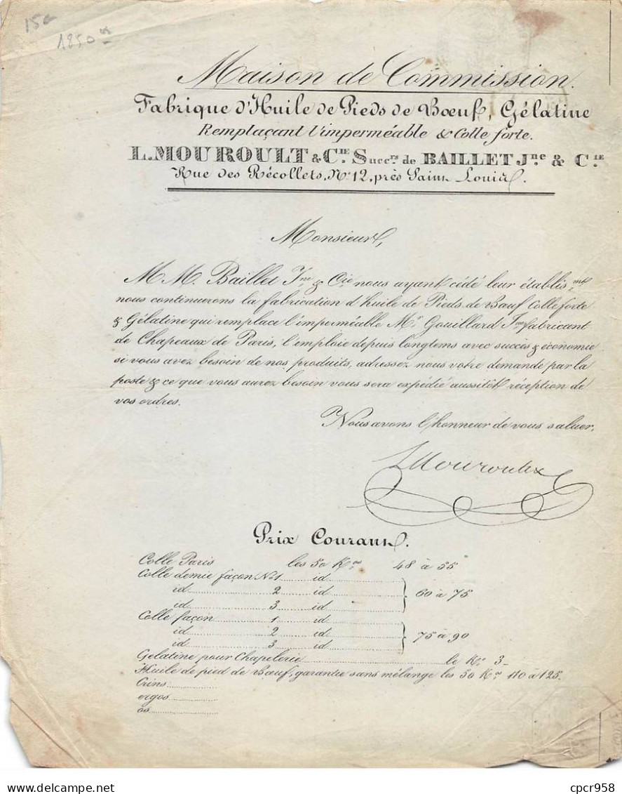 Facture.AM20202.1850.L Mouroult & Cie.Baillet.Maison De Commission.Huile De Pieds De Boeuf.Gélatine - 1800 – 1899