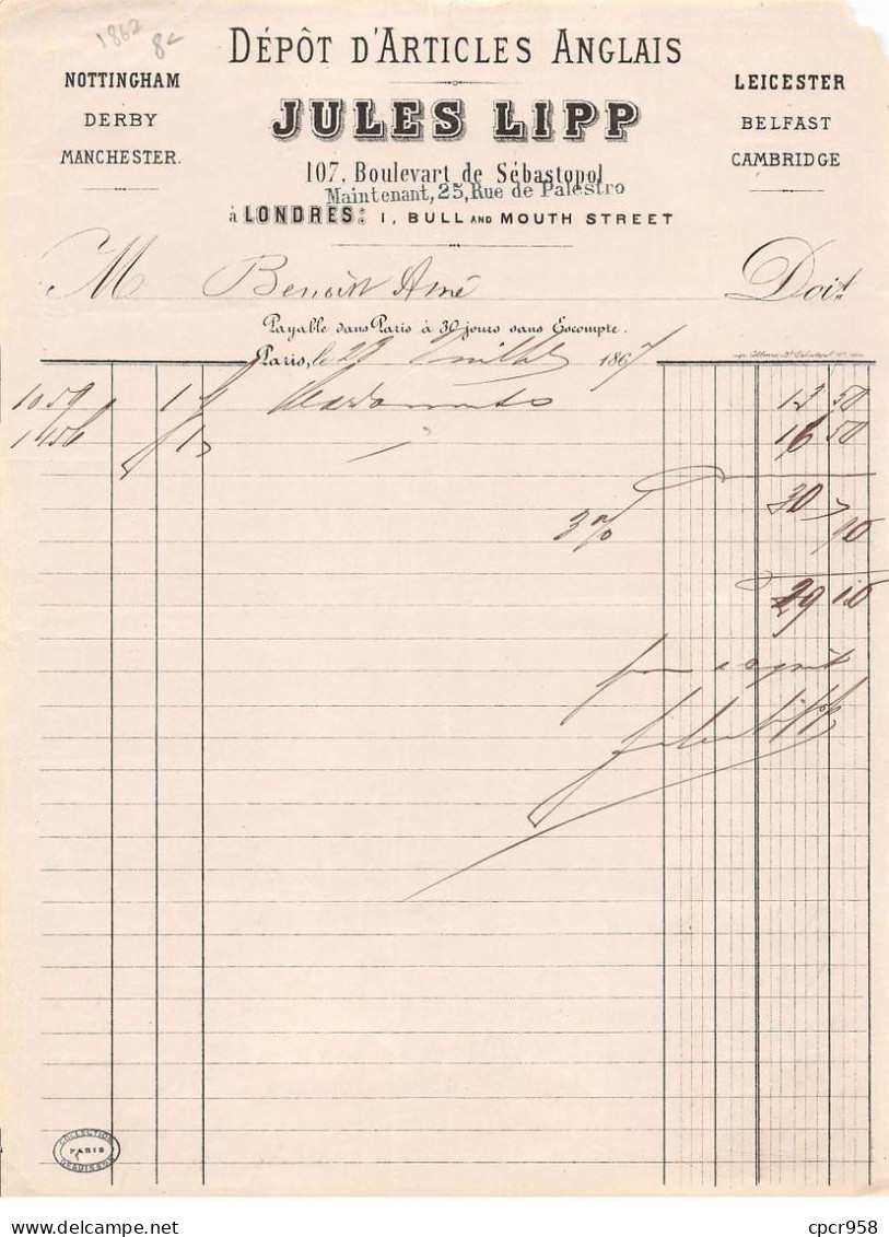 Facture.AM20074.Royaume Unis.Londres.1867.Jules Lipp.Dépôt D'articles Anglais - Ver. Königreich