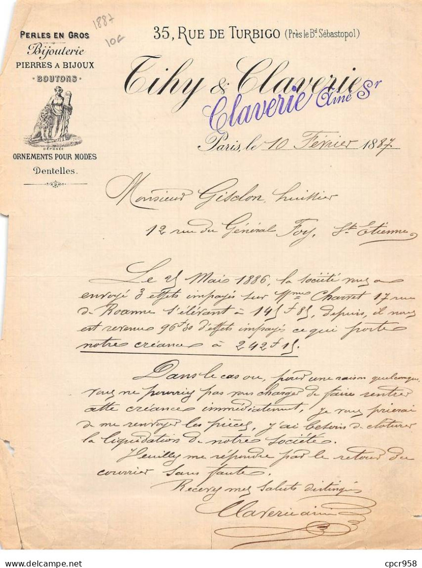 Facture.AM20195.Paris.1887.Tihy & Claverie.Perles.Bijouterie.Pierre.Boutons.ornements Pour Modes.Dentelles - 1800 – 1899