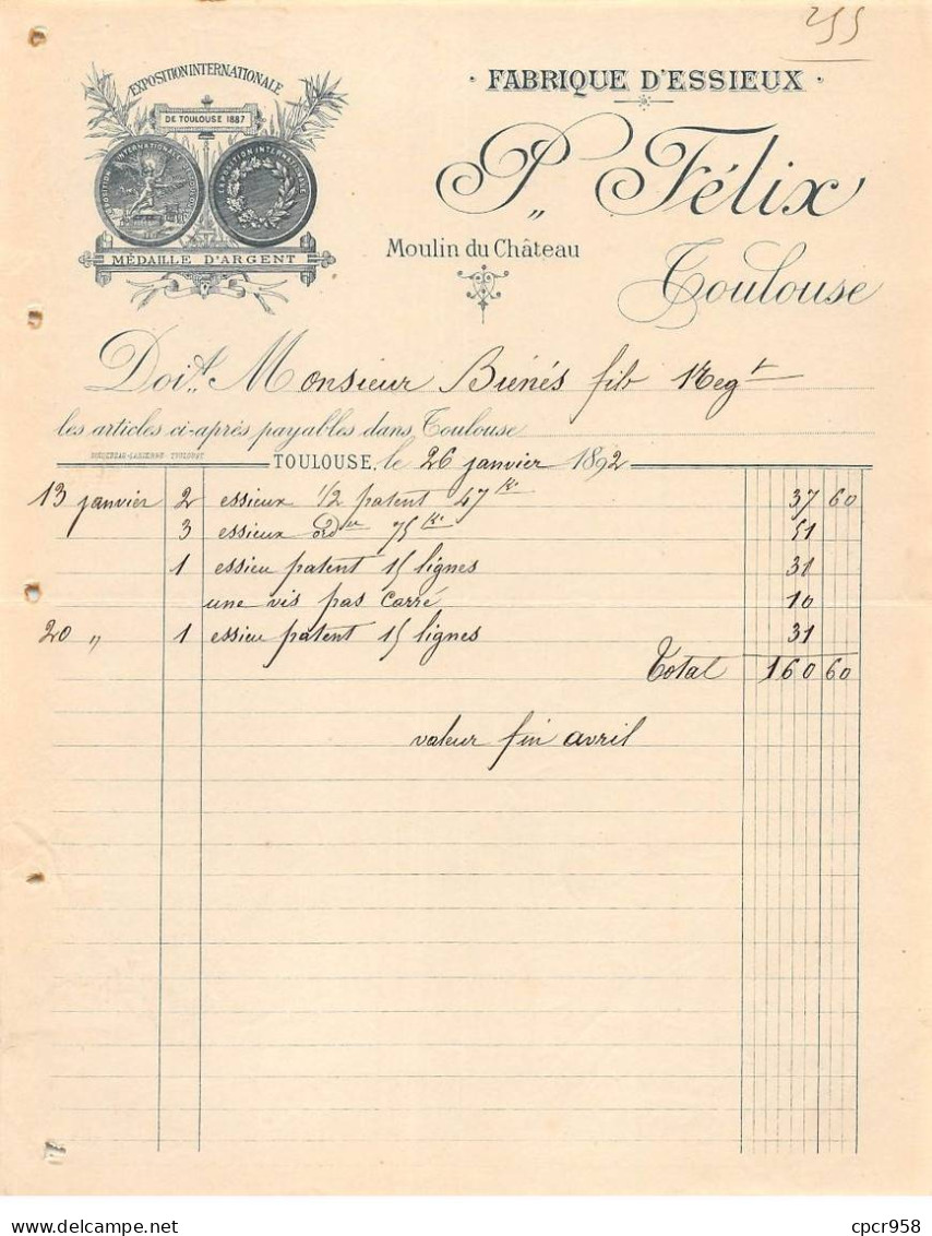 Facture.AM19959.Toulouse.1892.P Félix.Fabrique D'essieux - 1800 – 1899