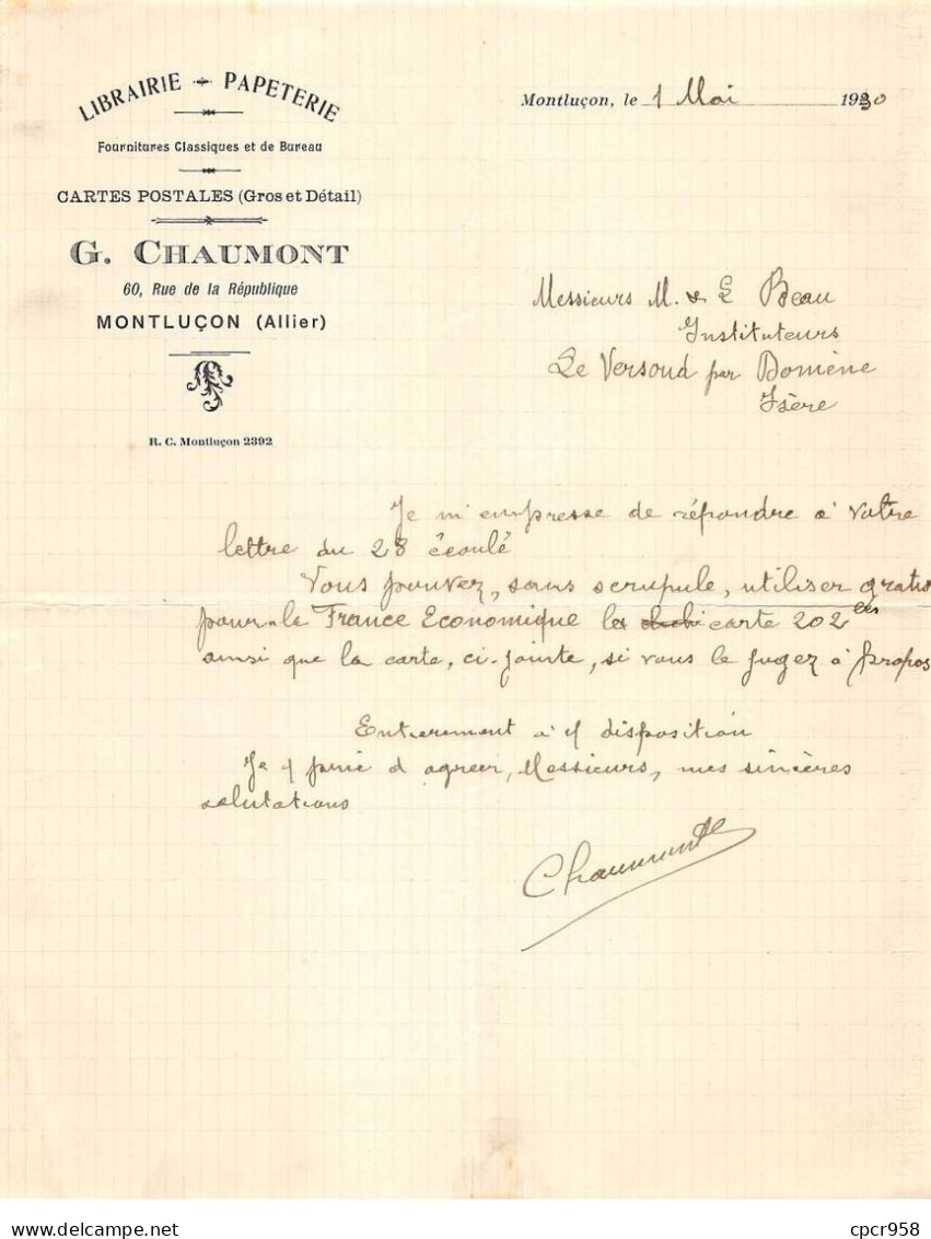 Facture.AM19949.Montluçon.1930.G Chaumont.Librairie.papeterie.Carte Postale - Drukkerij & Papieren