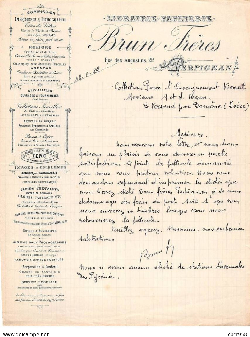 Facture.AM19951.Perpignan.1929.Brun Frères.Librairie.Papeterie.Imprimerie.Lithographie.Reliure.Agenda.Albums - Druck & Papierwaren
