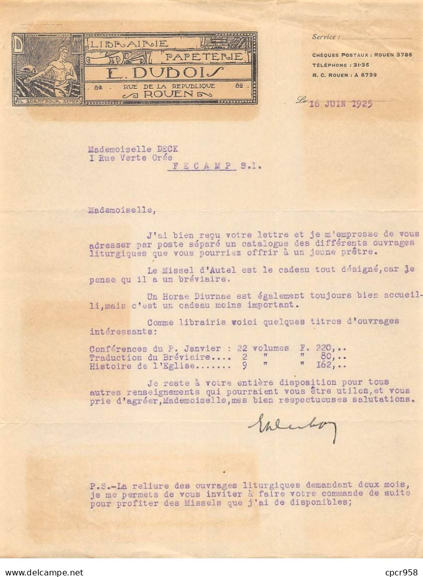 Facture.AM19952.Rouen.1925.E Dubois.Librairie.Papeterie - Drukkerij & Papieren
