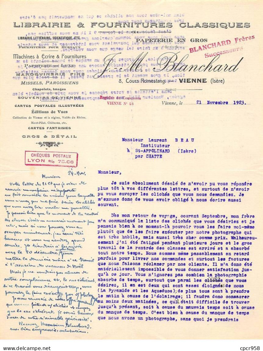 Facture.AM19948.Vienne.1923.JM Blanchard.Librairie.Fourniture.papeterie.Maroquinerie Fine.Souvenir.Carte Postale - Imprenta & Papelería