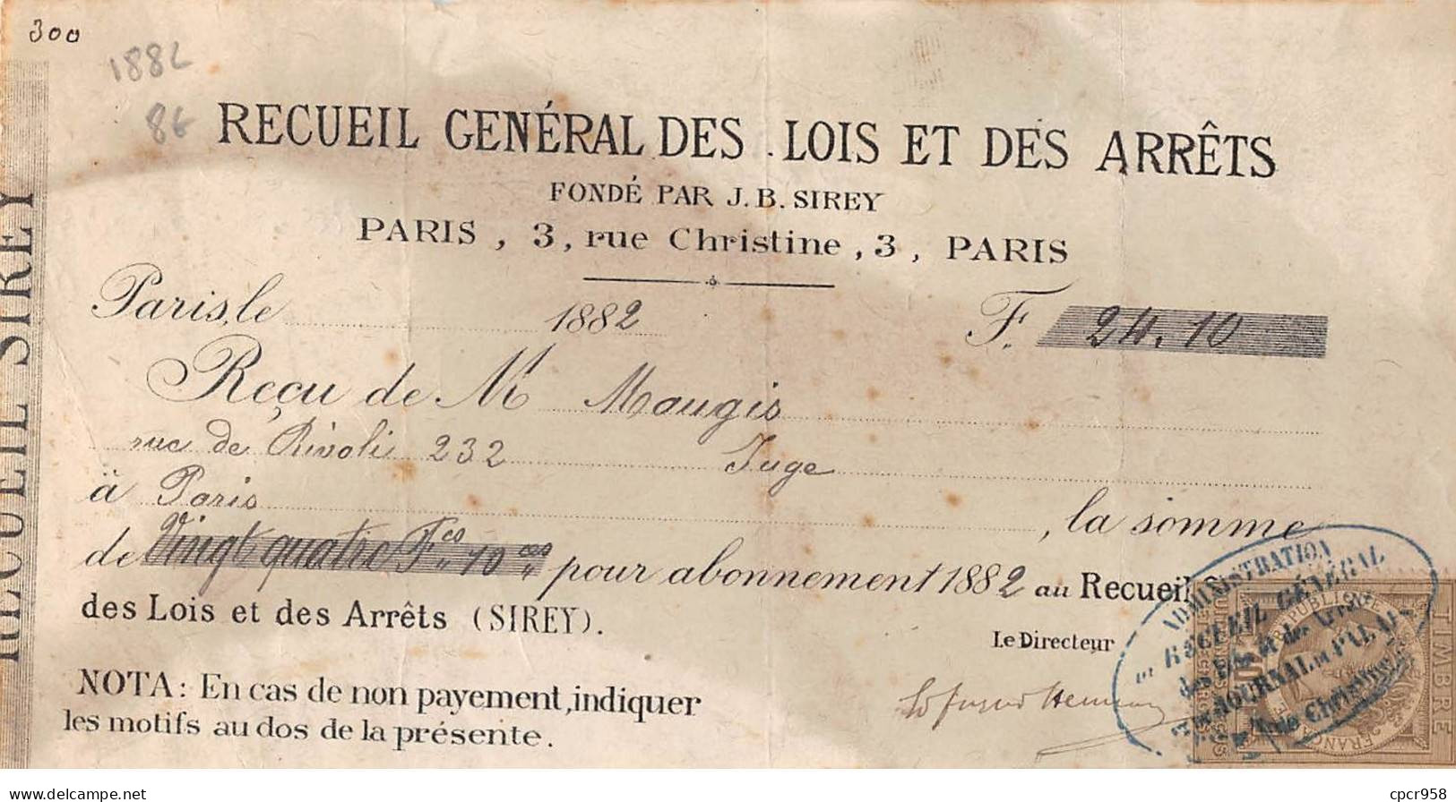 Facture.AM20071.Paris.1882.Recueil Général Des Lois Et Arrêts.Reçu - 1800 – 1899
