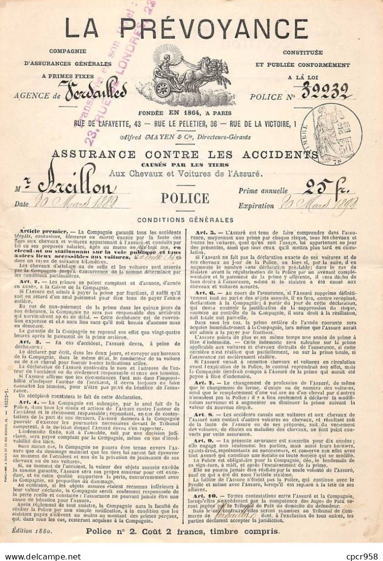 Facture.AM19927.Paris.1892.La Prévoyance.Assurance.contre Les Accidents Causés Par Les Tiers Aux Chevaux Et Voitures - 1800 – 1899