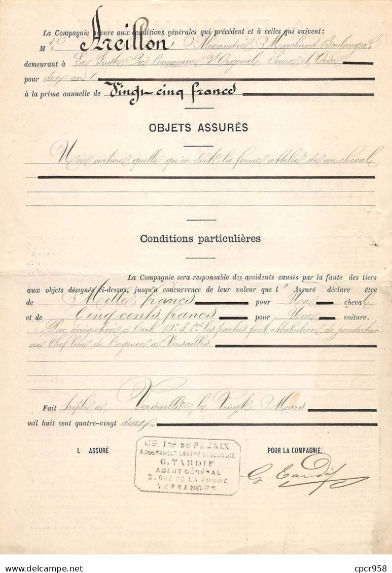 Facture.AM19927.Paris.1892.La Prévoyance.Assurance.contre Les Accidents Causés Par Les Tiers Aux Chevaux Et Voitures - 1800 – 1899