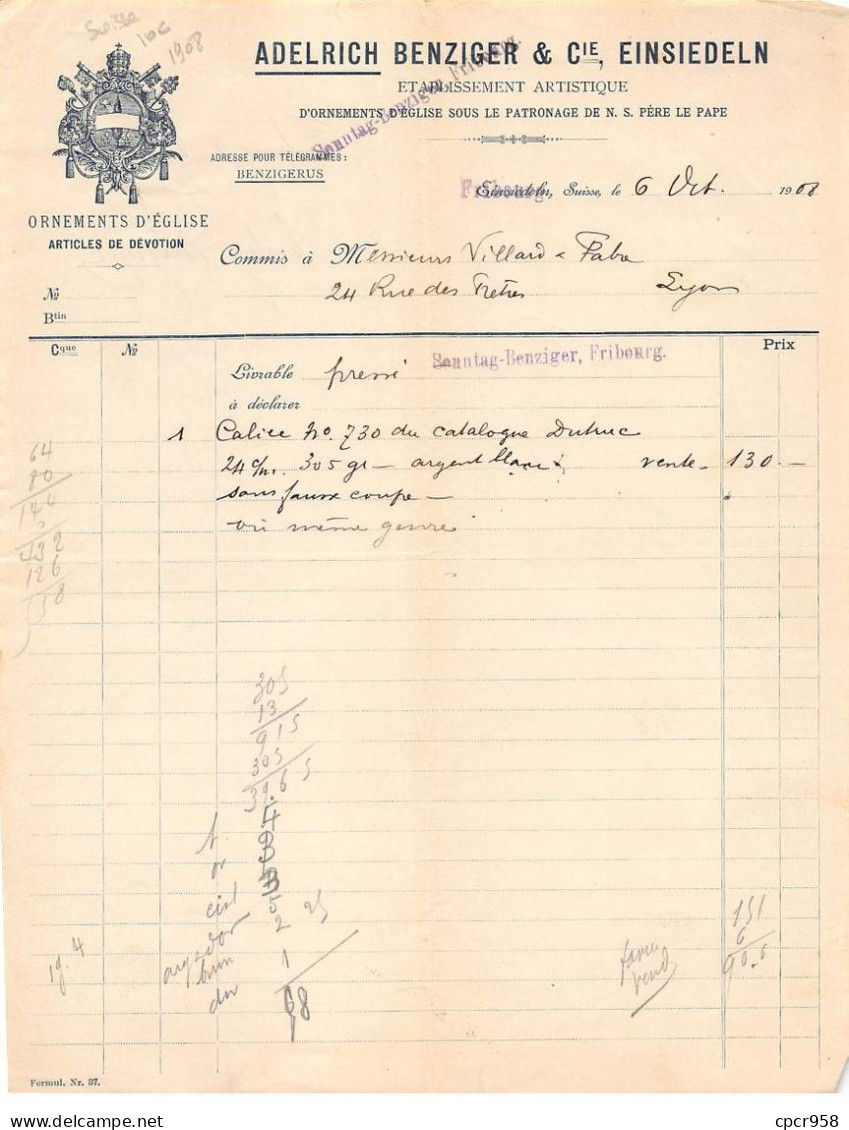 Facture.AM20047.Suisse.Einsiedeln.1908.Adelrich Benziger & Cie.Ornements D'église.Article De Dévotion - Suisse