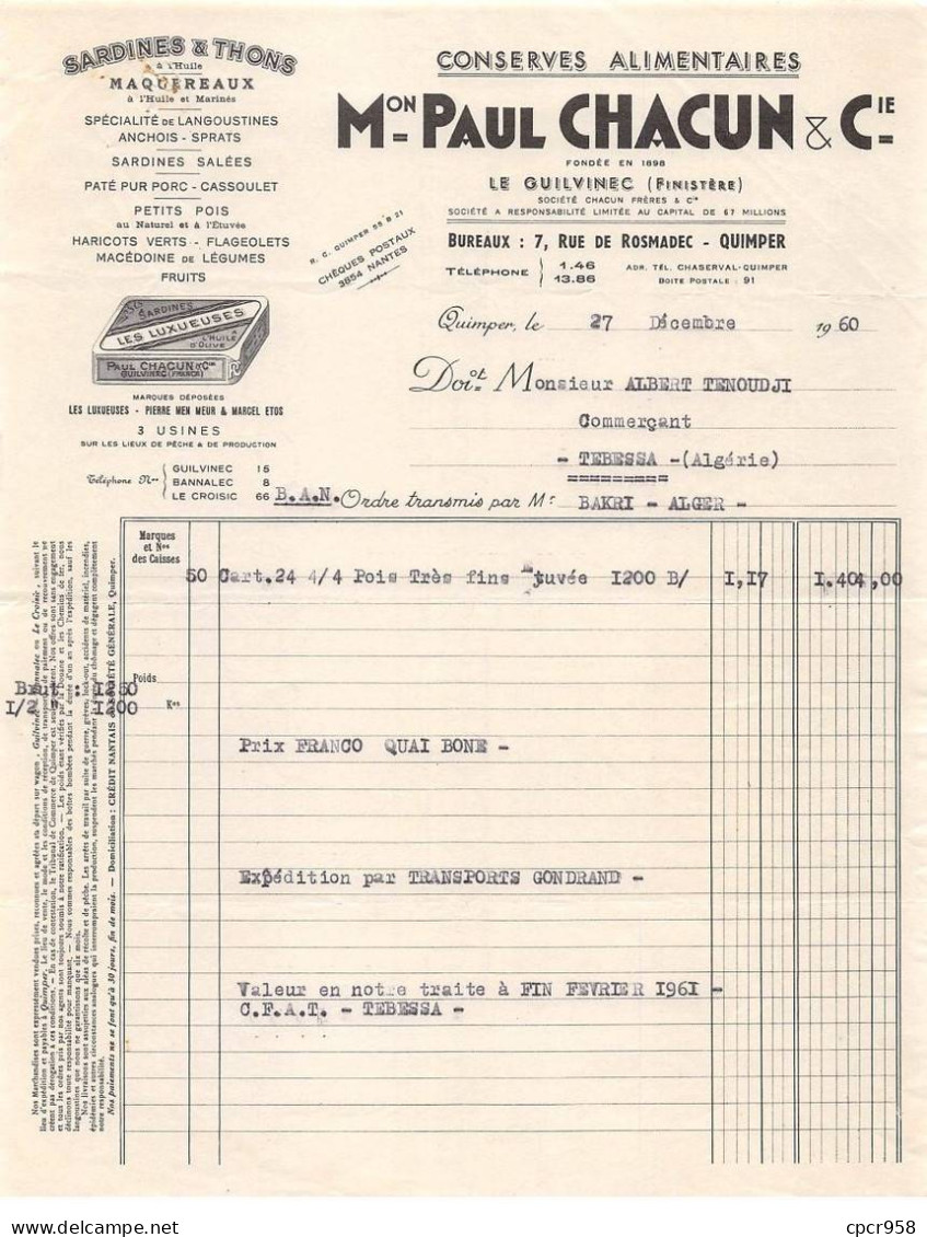 Facture.AM19888.Quimper.1956.Paul Chacun & Cie.Le Guilvinec.Conserve Alimentaire.Sardine.Thon.Légume.Les Luxueuses - 1950 - ...