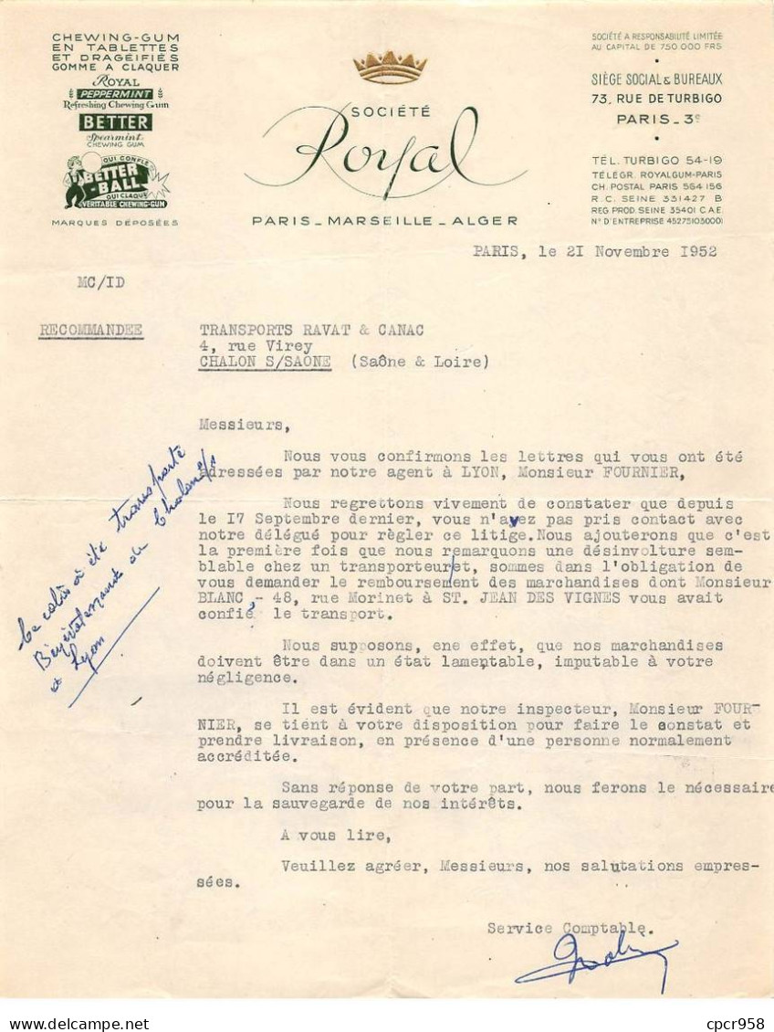 Facture.AM19887.Paris.1952.Société Royal.Chewing-gum.Gomme à Claquer.Royal Peppermint.Better-Ball Qui Claque - 1950 - ...