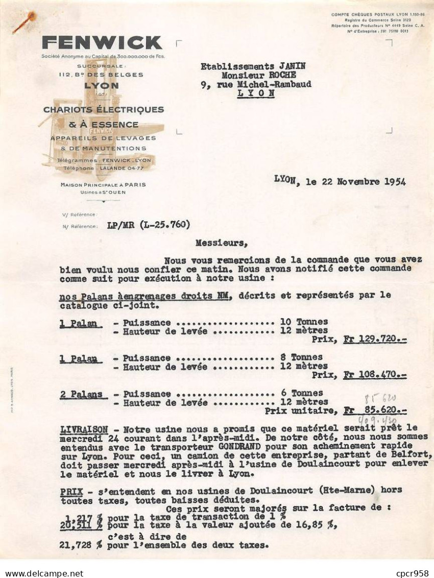 Facture.AM19879.Lyon.1954.Fenwick.Chariot éléctriques Et à Essence.Appareil De Levage Et De Manutention - 1950 - ...