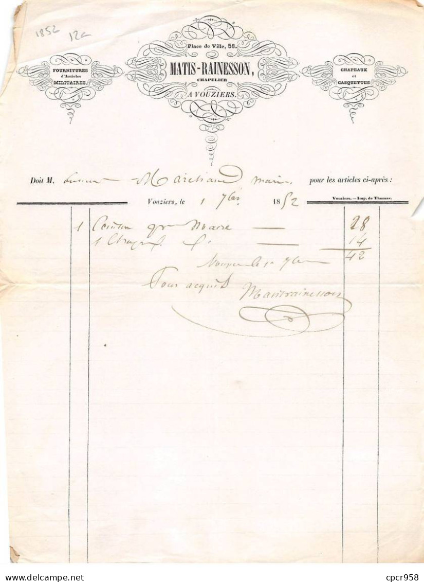 Facture.AM20267.Vouziers.1852.Matis-Rainesson.Chapelier.Chapeau.Casquette.Fourniture D'articles Militaires - 1800 – 1899
