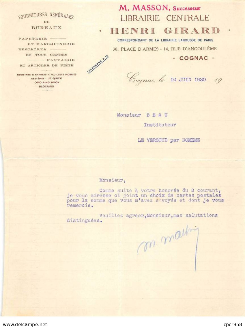 Facture.AM19950.Cognac.1930.Henri Girard.Librairie.Fournitures Générales De Bureaux.Papeterie.Maroquinerie.Piété - Printing & Stationeries