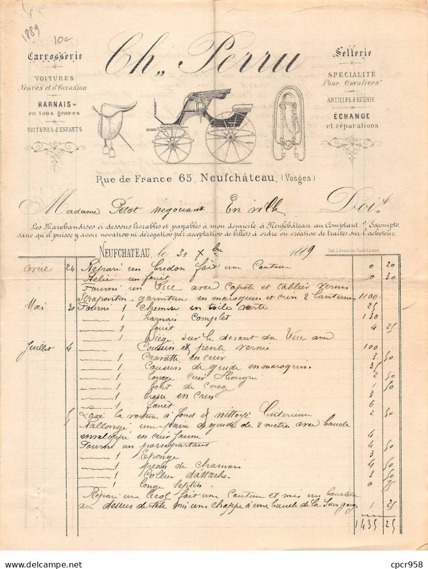 Facture.AM20262.Neufchâteau.1889.Ch Perru.Carrosserie.Sellerie.Voiture.Harnais.article D'écurie - 1800 – 1899