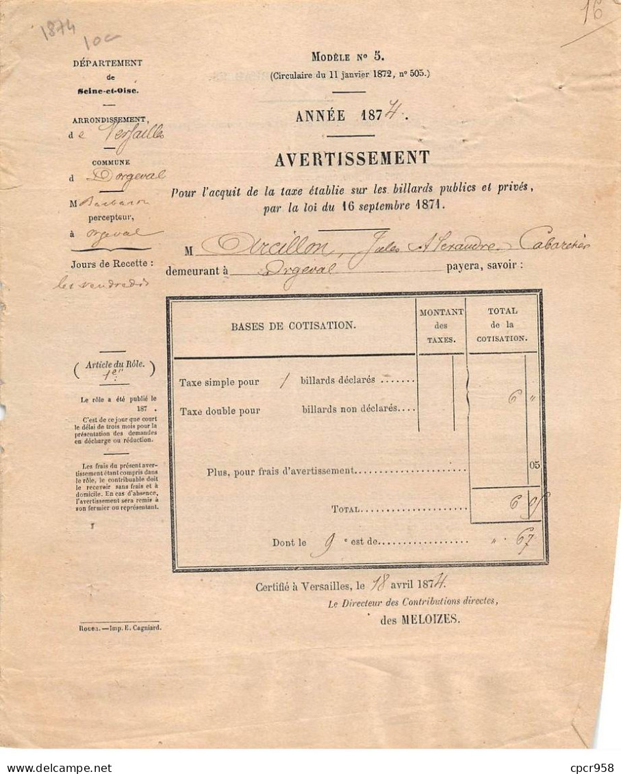 Facture.AM20247.Versailles.1874.Percepteur.Département Seine Et Oise.Circulaire 11 Janvier 1872.N°505 - 1800 – 1899