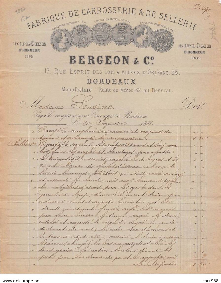 Facture.AM20219.Bordeaux.1887.Bergeon & Co.Carrosserie.Sellerie - 1800 – 1899