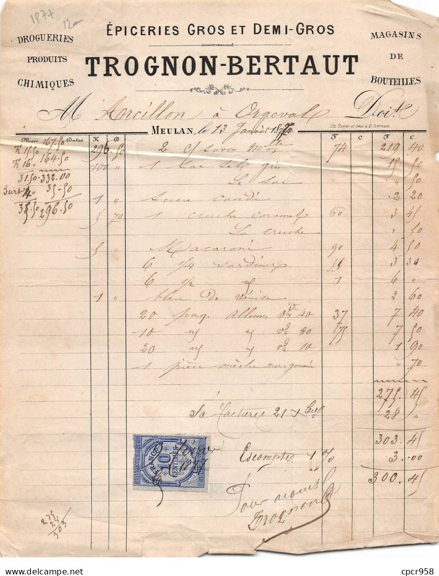 Facture.AM20217.Meulan.1877.Trognon-Bertaut.Epicerie.Droguerie.Produit Chimique.Bouteille - 1800 – 1899