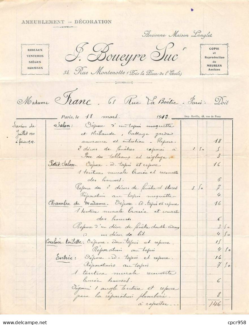 Facture.AM19872.Paris.1912.F Boueyre.Ameublement.Décoration.Rideaux.Tenture.Siège.Housse - 1900 – 1949