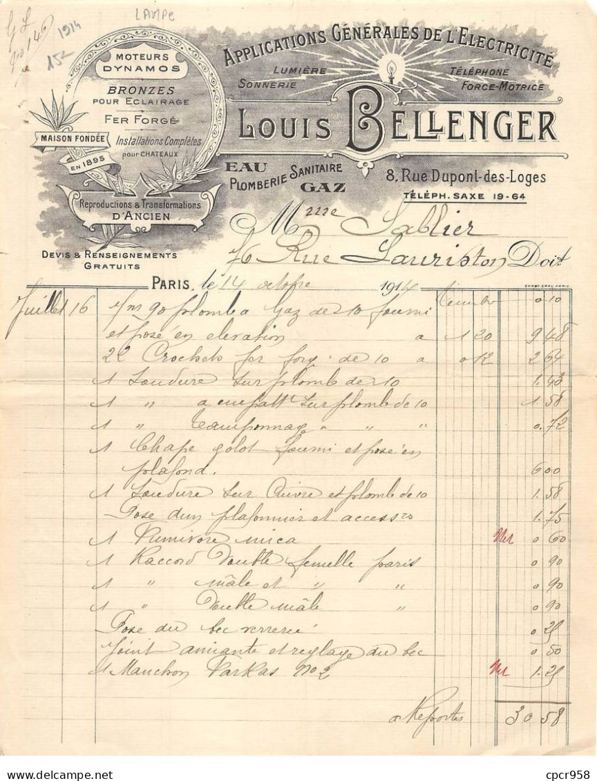 Facture.AM20210.Paris.1914.Louis Bellenger.Electricité.Plomberie.Sanitaire.Lampe.Moteur.Lumière.Sonnerie.Téléphone - 1900 – 1949