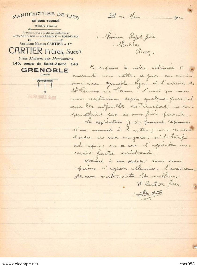 Facture.AM19871.Grenoble.1920.Cartier Frères.Manufacture De Lits En Bois Tourné - 1900 – 1949