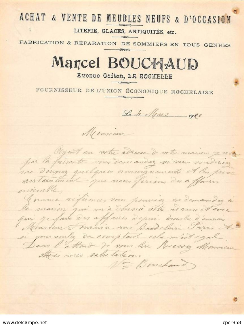 Facture.AM19865.La Rochelle.1920.Marcel Bouchaud.Meubles.Literie.Glace.Antiquité.Sommier - 1900 – 1949