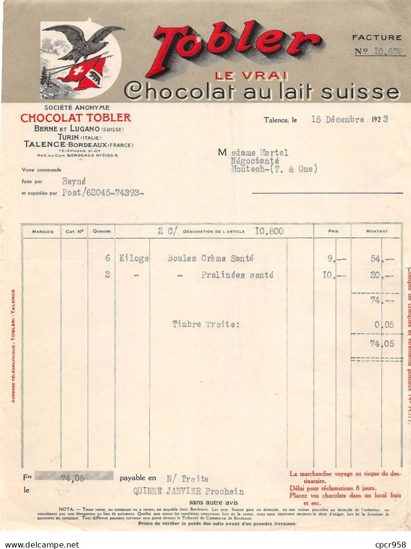 Facture.AM19861.Talence.1923.Tobler.Chocolat Au Lait Suisse.Illustré - 1900 – 1949