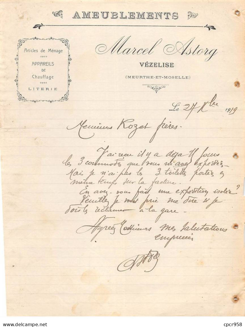 Facture.AM19860.Vézeline.1919.Marcel Astorg.Ameublement.Article De Ménage.Appareil De Chauffage.Literie - 1900 – 1949