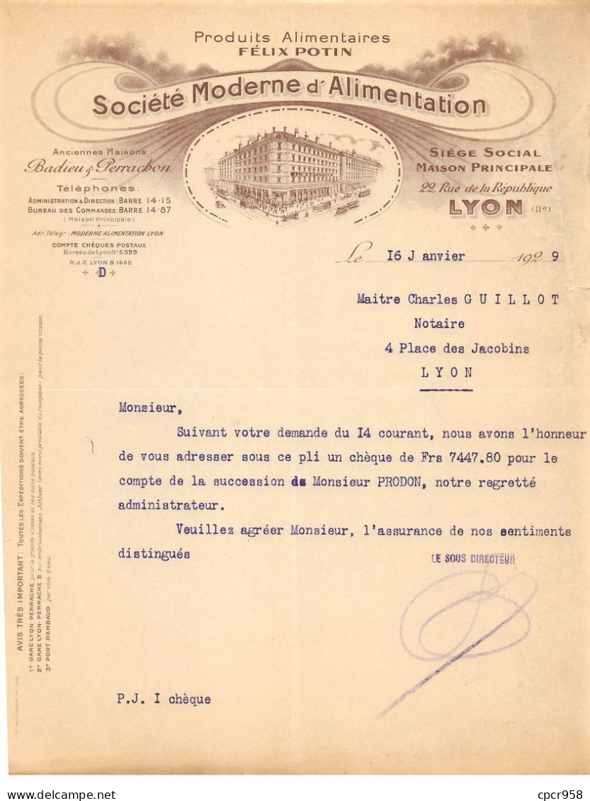 Facture.AM19858.Lyon.1929.Société Moderne D'alimentation.Badieu Perrachon.Felix Potin.Produits Alimentaires - 1900 – 1949