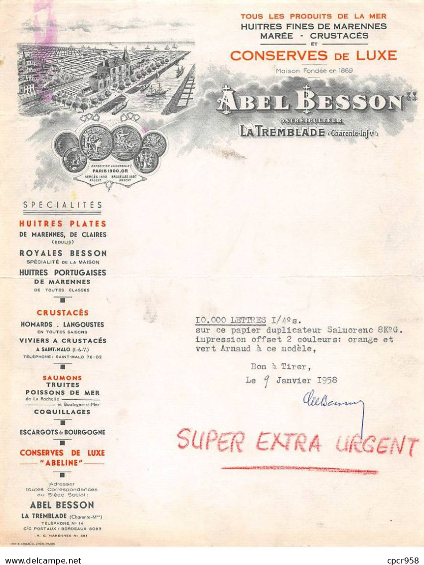 Facture.AM19847.La Tremblade.1958.Abel Besson.Produit De La Mer.Conserve De Luxe.Huitre De Marennes.Marée Crustacé - 1950 - ...